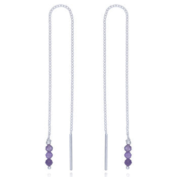 Amethyst Beads Silver Chain Threader Earrings