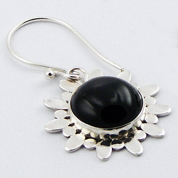 Black Agate Flower Dangling Sterling Silver
