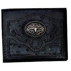 Western Style Black Bi-fold Leather Wallet With Long Horn Accent