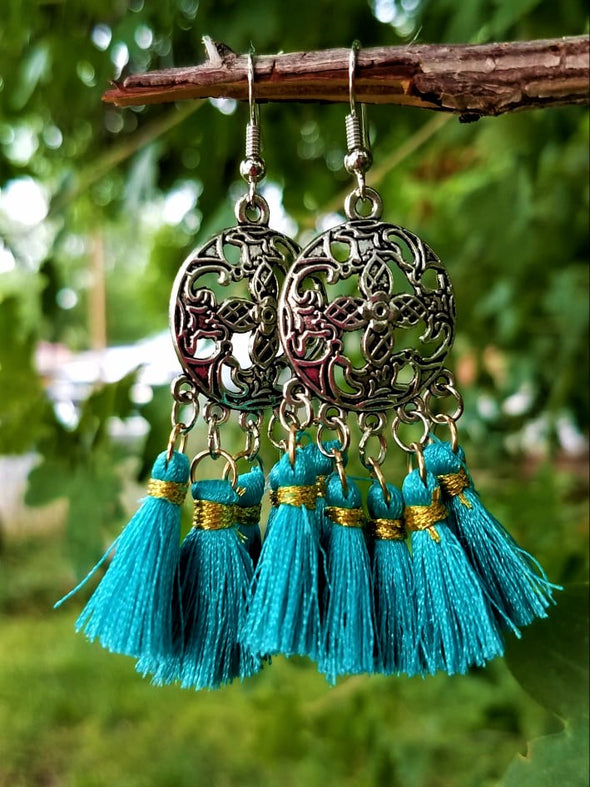 Handmade Silk Blue Tassel Dangling Earrings