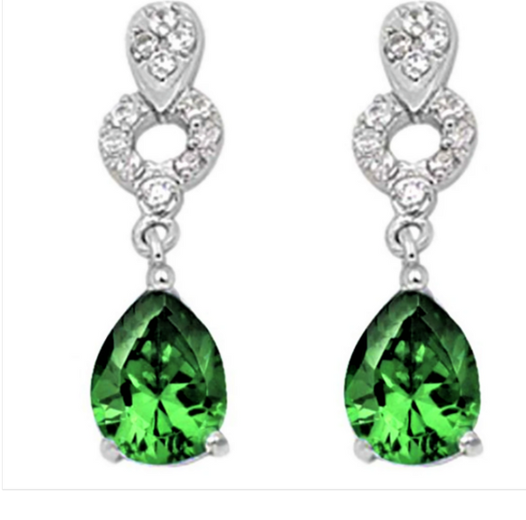 Emerald Pear Shape & Cz Dangle .925 Sterling Silver Earrings