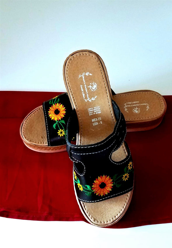 Embroidered Platform Leather Sandals- Mexican Sandals