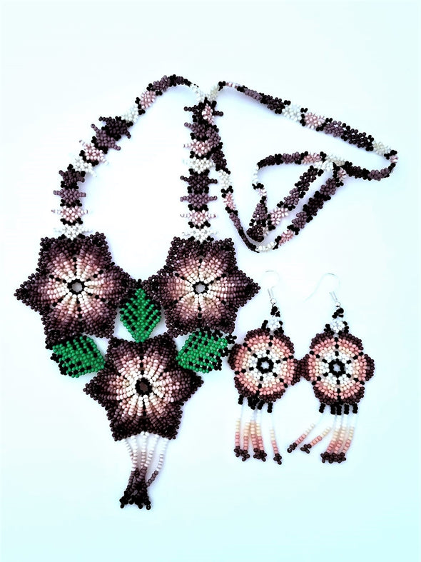 Beautiful Beaded Huichol Sunflower Necklace-Earring Set