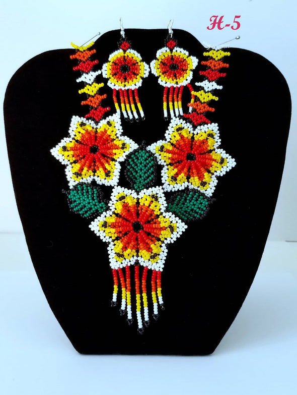 Beautiful Beaded Huichol Sunflower Necklace-Earring Set