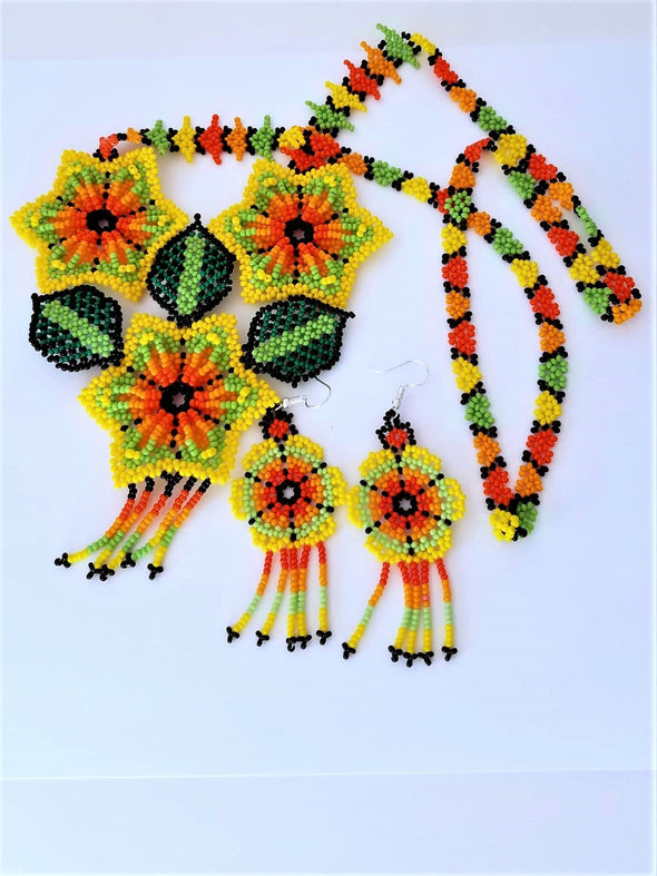 Beautiful Beaded Huichol Sunflower Necklace-Earring Set