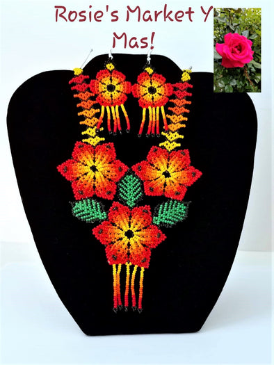 Beautiful Beaded Huichol Sunflower Necklace-Earring Set