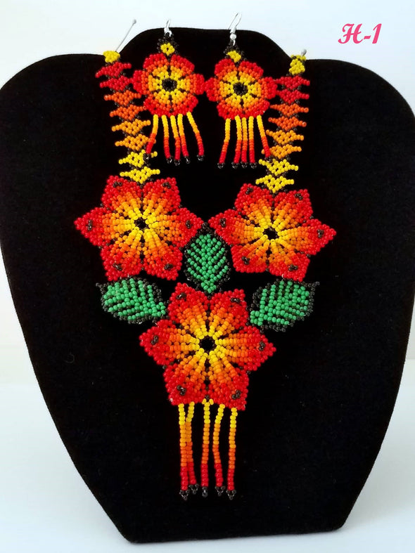 Beautiful Beaded Huichol Sunflower Necklace-Earring Set
