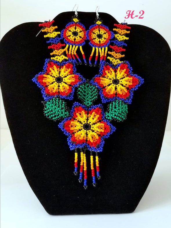 Beautiful Beaded Huichol Sunflower Necklace-Earring Set