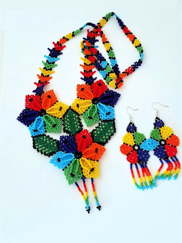 Beautiful Beaded Huichol Sunflower Necklace-Earring Set