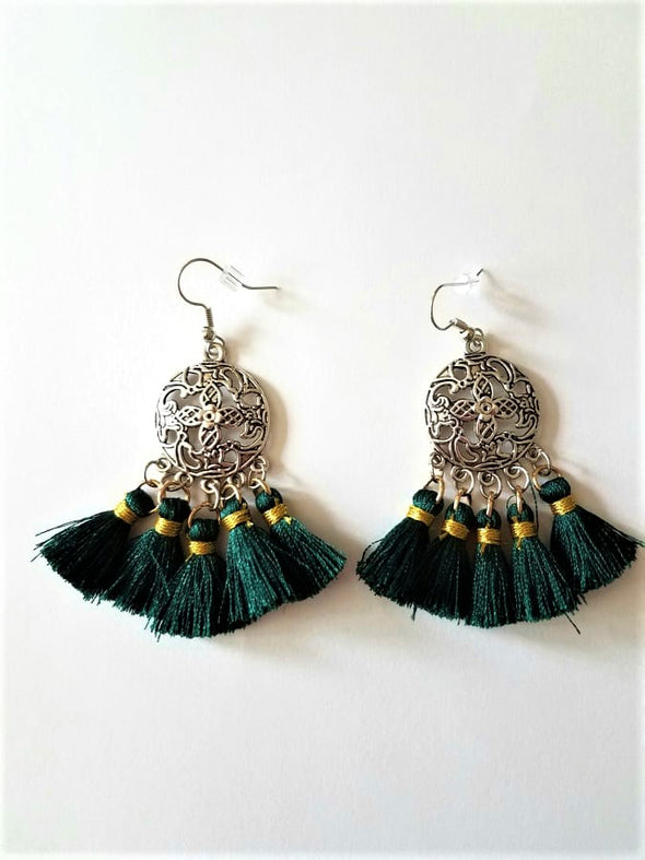 Handmade Silk Blue Tassel Dangling Earrings