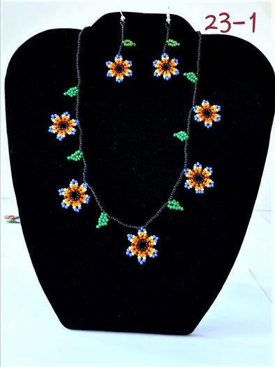 Huichol Beaded Magnolia Flowers Necklace & Earrings Set