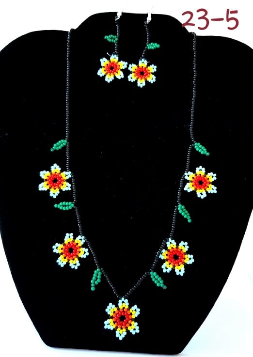 Huichol Beaded Magnolia Flowers Necklace & Earrings Set