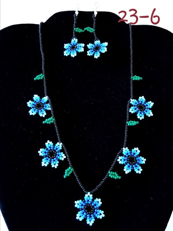 Huichol Beaded Magnolia Flowers Necklace & Earrings Set