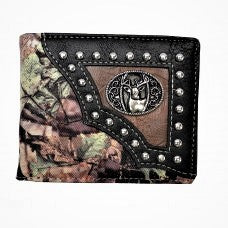 Western Style Bi-fold Brown Leather and Camouflage with Deer Accent