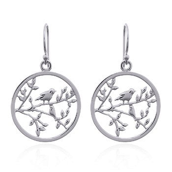 Beautiful Nightingale Bird in a Tree- 925 Sterling Silver Hoop Earrings