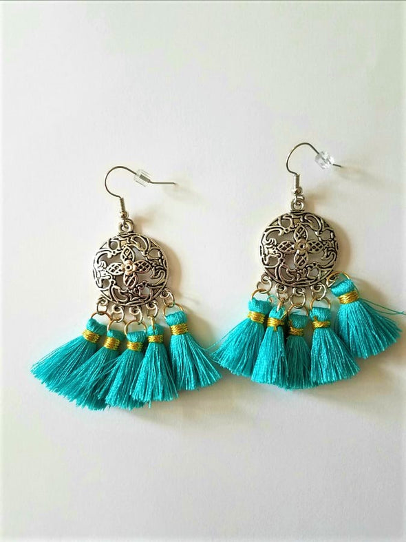 Handmade Silk Blue Tassel Dangling Earrings