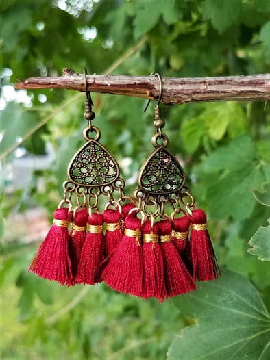 Handmade Red Silk Tassel Antique Look-Brass Dangling Earrings