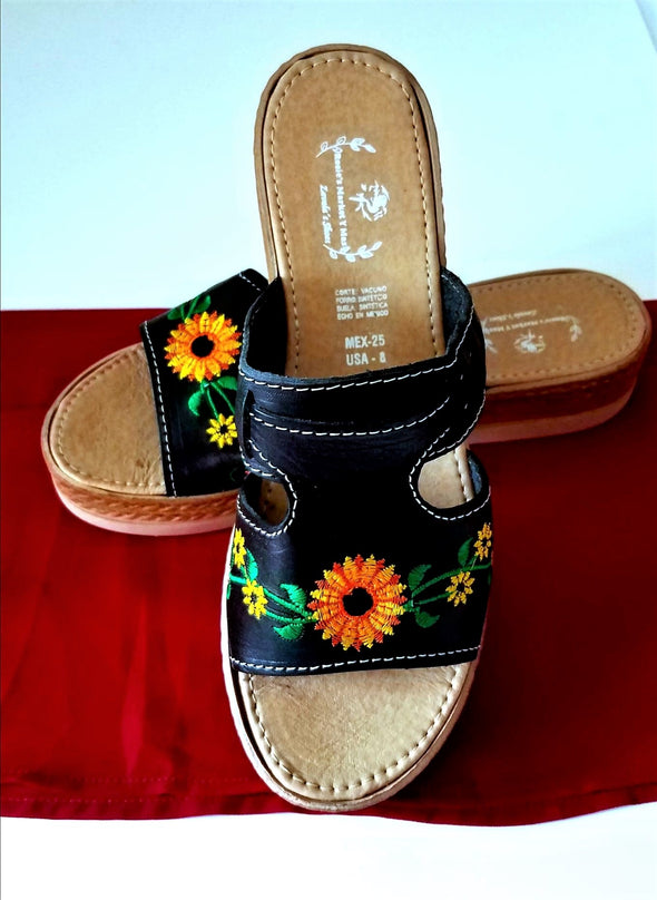 Embroidered Platform Leather Sandals- Mexican Sandals
