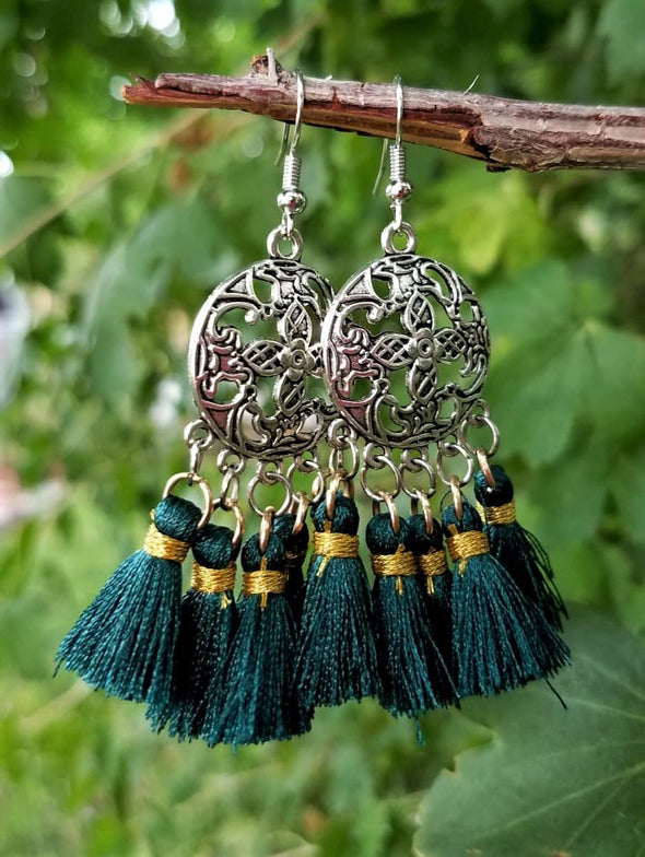 Handmade Silk Blue Tassel Dangling Earrings