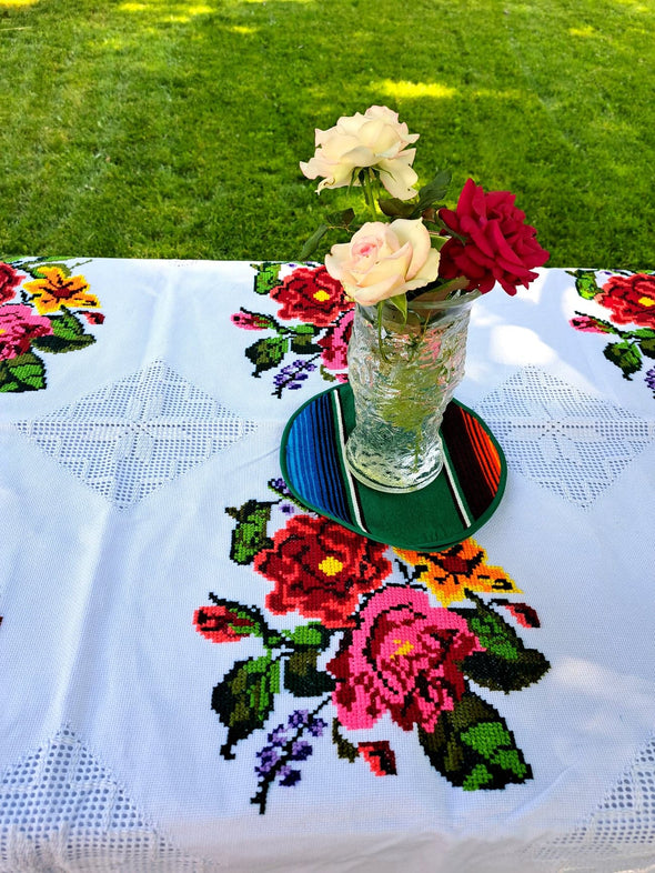 Mexican Hand Embroidered Tablecloth 92"x64.5"- flowers