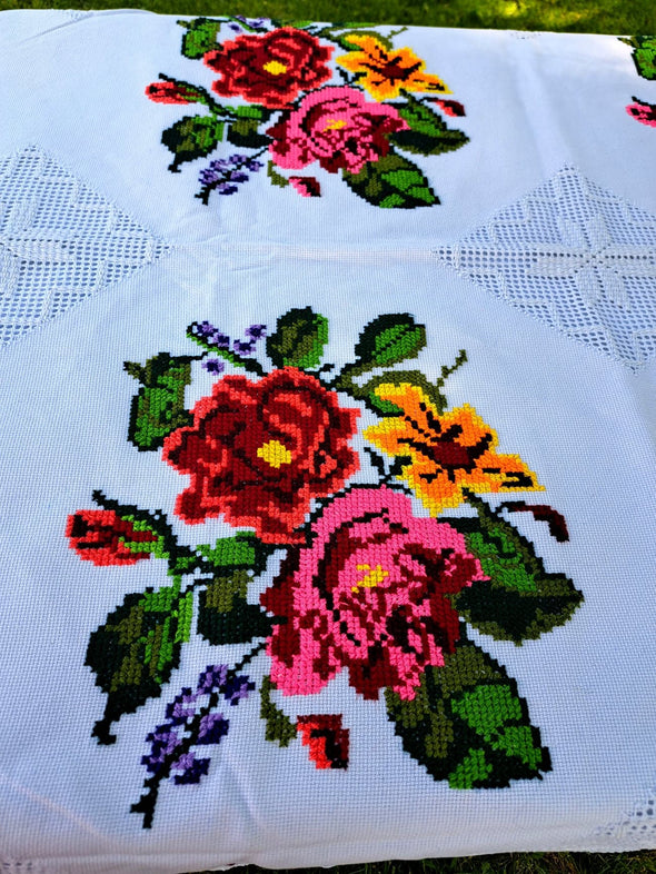 Mexican Hand Embroidered Tablecloth 92"x64.5"- flowers