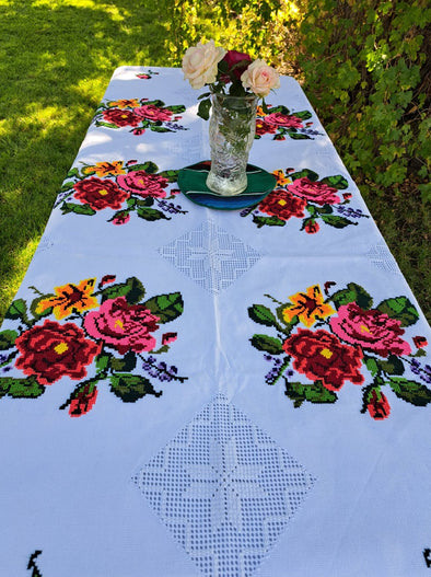 Mexican Hand Embroidered Tablecloth 92"x64.5"- flowers