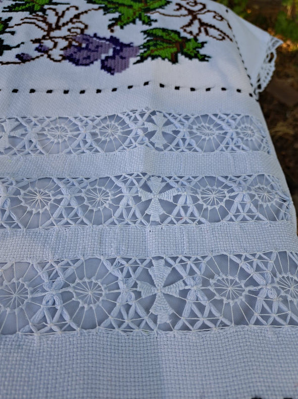 Beautiful Cross-Stich Mexican Tablecloth- Grape & flowers design