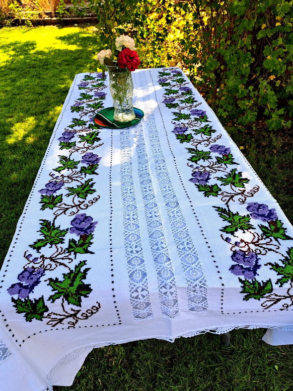 Beautiful Cross-Stich Mexican Tablecloth- Grape & flowers design