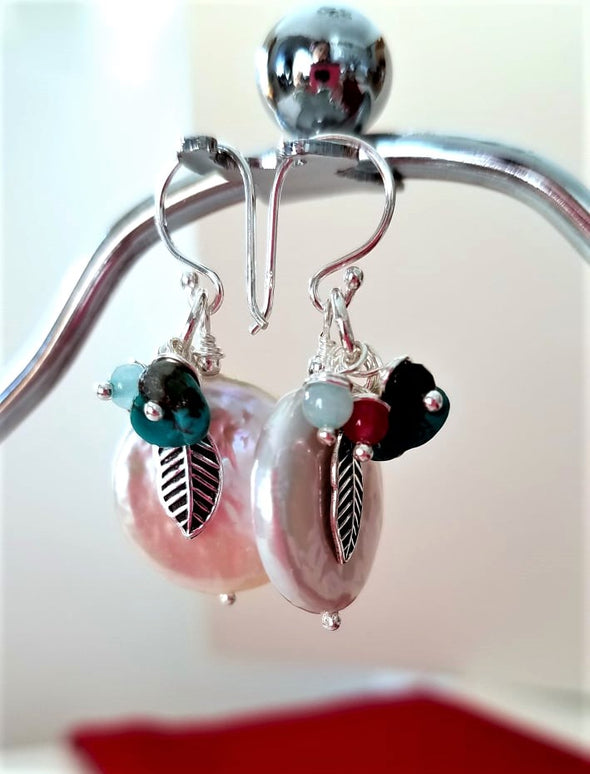 Bejeweled Sterling Silver and Off Round Pearl Earrings
