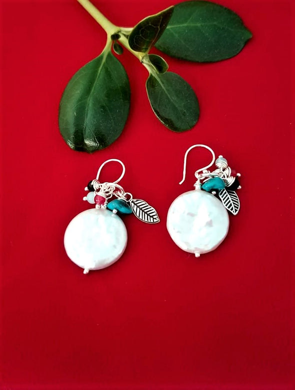 Bejeweled Sterling Silver and Off Round Pearl Earrings
