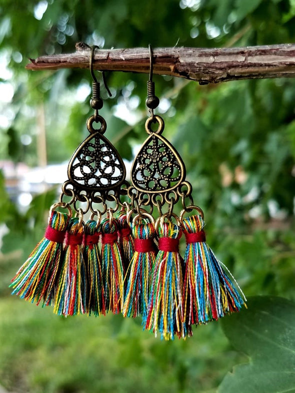 Handmade Red Silk Tassel Antique Look-Brass Dangling Earrings