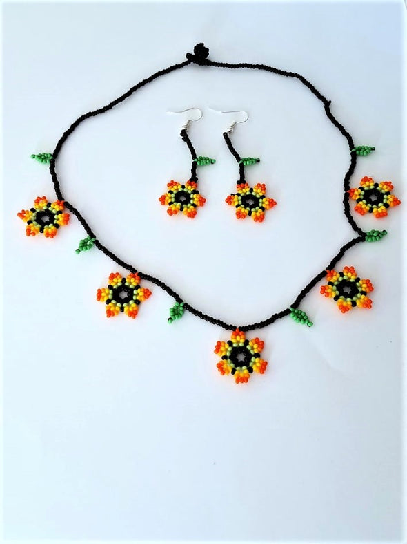 Huichol Beaded Magnolia Flowers Necklace & Earrings Set
