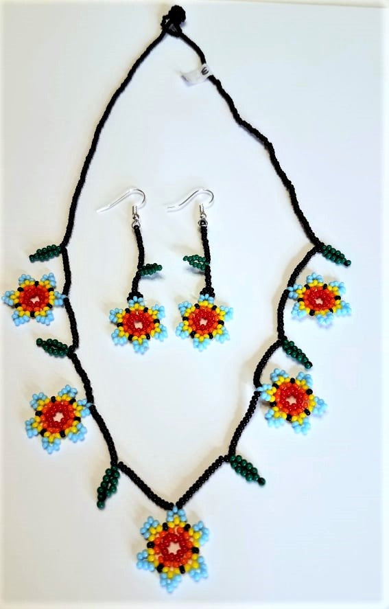 Huichol Beaded Magnolia Flowers Necklace & Earrings Set