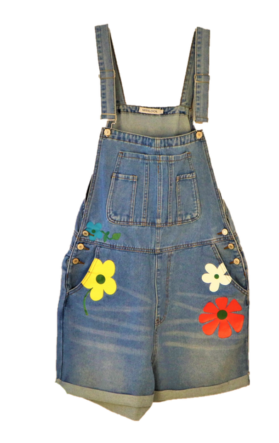 Denim Short Overall With Hand Painted Floral Accents