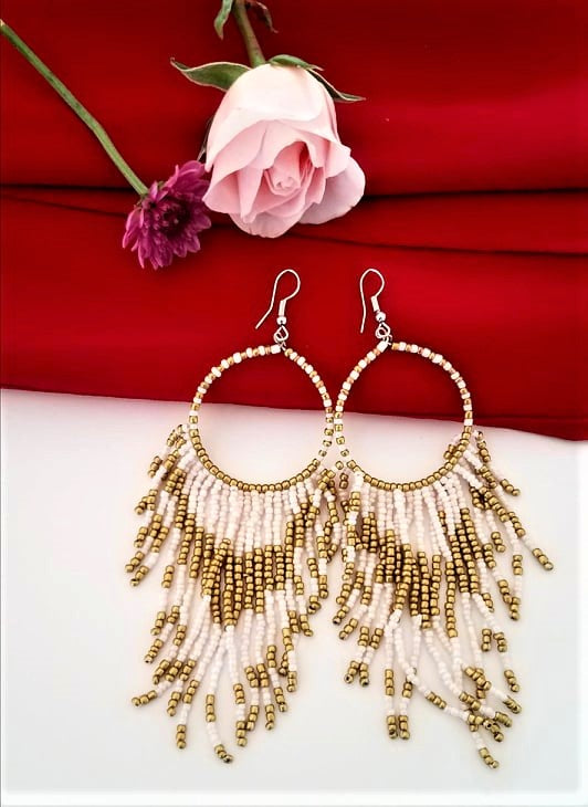 Beaded Boho Fringe Hoop Earrings